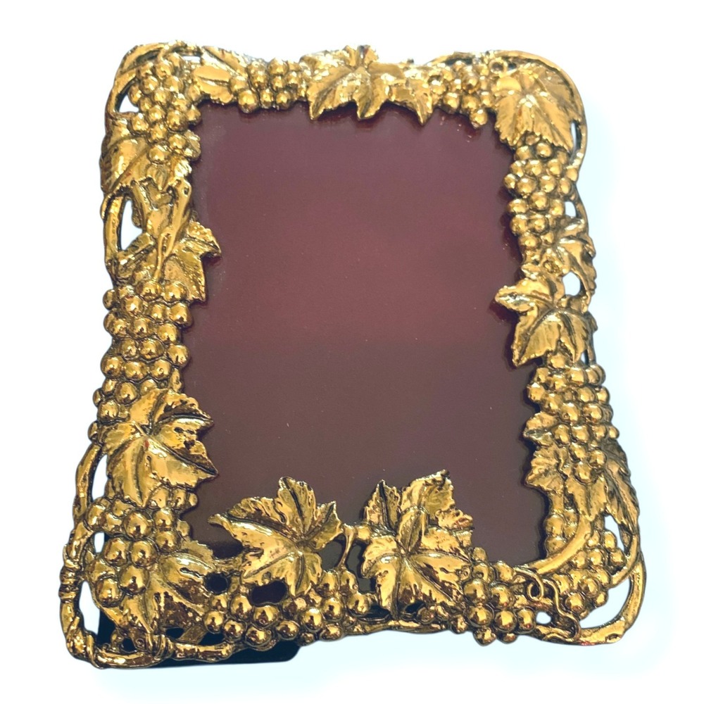 Picture Frame Brass Grape Leaf Ornate Red Velvet Backing 5x7 MCM French Farm